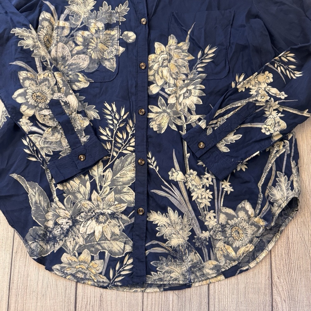 Anthropologie Pilcro Navy Blue Floral Modal Button Down Shirt Medium Semi-Sheer - Picture 6 of 12